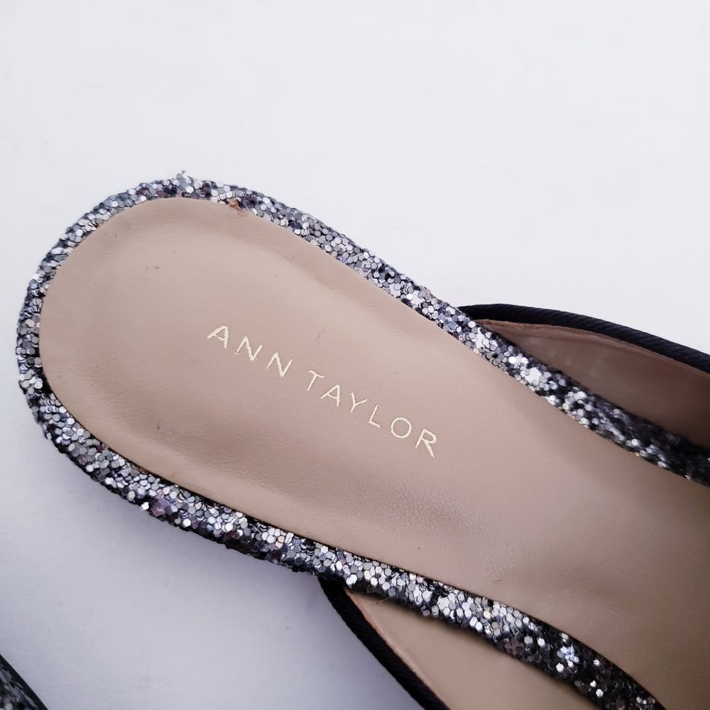Ann Taylor Metallic Glitter Pom Pom Silver Black Mules - Picture 7 of 11